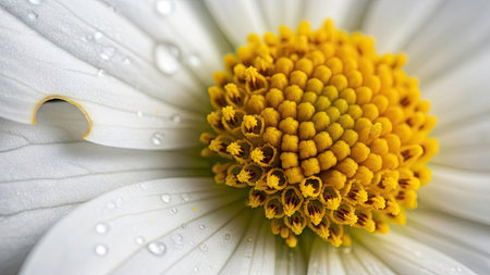 This macro photograph presents a daisy with bright white petals and a vibrant yellow center. Water droplets add texture and freshness to the image. The composition highlights the flower's intricate details, suggesting a natural outdoor setting, and is suitable for various commercial uses.の素材
