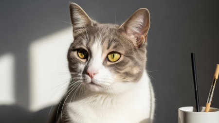 A close-up shot presents a domestic cat with a white and gray coat. The feline's yellow eyes and pink nose are in sharp focus. Sunlight creates a soft glow, illuminating the scene. The image suggests a calm interior setting. Suitable for various commercial and editorial applications.の素材