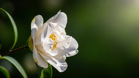 A detailed image showcases a pristine white flower with softly textured petals. The composition features a shallow depth of field, highlighting the flower's delicate form against a blurred, deep green backdrop. The natural lighting suggests an outdoor environment, suitable for various editorial and commercial applications.の素材