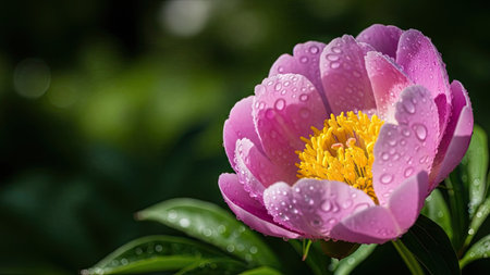A close-up captures a vibrant pink peony in full bloom, adorned with glistening water droplets. The flower features delicate petals surrounding a yellow center. The composition uses shallow depth of field, with a blurred green backdrop. Suitable for various applications, including botanical illustrations and decorative designs.の素材