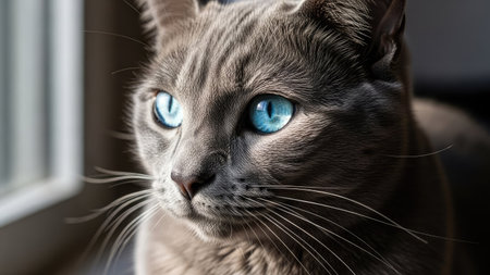 A detailed portrait showcases a domestic cat, emphasizing its grey fur and striking blue eyes. The composition highlights the feline's face, with a shallow depth of field. Soft sunlight illuminates the subject, suggesting an indoor setting. This image is suitable for various commercial uses, including advertising and editorial content.の素材