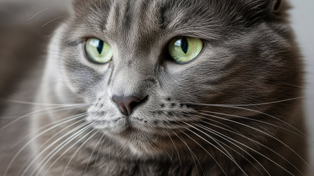 A close-up shot presents a grey tabby cat with vivid green eyes. The animal's fur displays subtle patterns and textures, highlighted by soft lighting. The composition focuses on the cat's face and whiskers. This image is suitable for various commercial purposes, including marketing and advertising.の素材