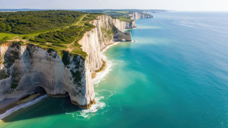 The image captures a scenic view of towering white cliffs meeting the vast, blue ocean. The composition showcases a combination of land and sea with a green cliff top. The natural environment appears tranquil under the daylight. Suitable for landscape depictions, travel articles, and various commercial applications.の素材