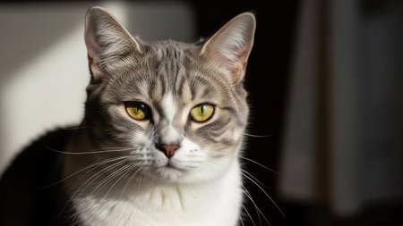A close-up shot presents a domestic cat, its face filling the frame. The cat has a mix of gray and white fur, complemented by sharp, yellow eyes. The lighting creates contrast, highlighting the texture of the fur. This image could be used for various commercial projects related to pets or domestic animals.の素材
