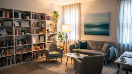 An inviting living space features a comfortable sofa and armchairs, set against a backdrop of bookshelves and a large window. Soft, warm lighting illuminates the room, creating a relaxed atmosphere. This image could be suitable for interior design publications or illustrating concepts of home and comfort.の素材