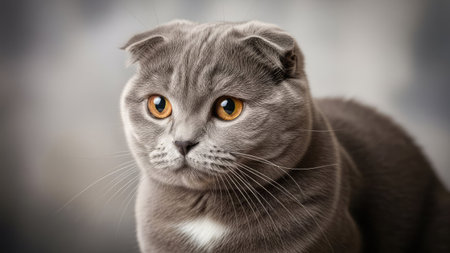 A close-up portrait showcases a grey cat with distinctive folded ears and striking orange eyes. The image highlights the animal's fur texture and facial features against a blurred background. The style suggests a studio setting with soft lighting suitable for various commercial uses.の素材