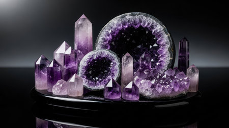 An assortment of purple crystals and geodes are artfully arranged against a dark backdrop. The composition features a variety of shapes and sizes, with a focus on their textured surfaces and varying shades of purple. This imagery, with its professional lighting and composition, is suitable for commercial and editorial purposes.の素材
