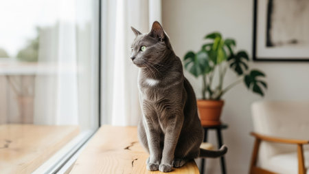 A grey domestic cat sits atop a wooden surface near a window. Natural light illuminates the interior space. The composition features a neutral color palette with hints of green from a potted plant. This image could be suitable for lifestyle content or editorial projects.の素材