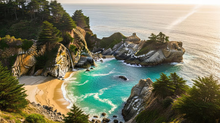 This scenic landscape presents a secluded cove where turquoise water meets a golden sand beach. Jagged, rocky cliffs frame the scene, adorned with patches of green trees. The composition utilizes natural lighting, enhancing the colors and textures of the environment. Suitable for a variety of commercial and editorial applications.の素材
