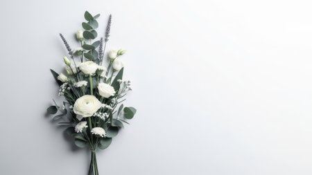 A refined bouquet, comprised of white blossoms and verdant eucalyptus leaves, rests against a plain white background. The composition features soft lighting and a minimalist style. This image is suitable for use in various design projects, including those focused on beauty, nature, or decorative themes.の素材