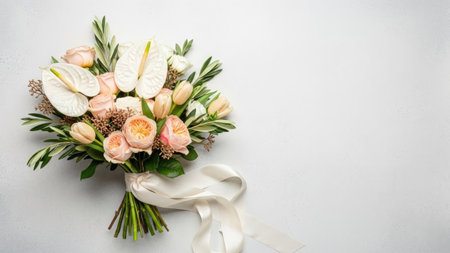 A stunning floral arrangement is presented, showcasing anthurium, roses, and tulips. The composition displays various textures and colors, set against a white backdrop. The soft lighting and clean aesthetic suggest versatility for use in marketing, design, or decorative projects. The presence of a ribbon adds a touch of sophistication.の素材
