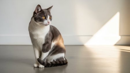 A beautiful calico cat is captured in a well-lit indoor setting. The feline sits gracefully, showcasing a mix of white, grey, and orange fur. The scene uses natural sunlight to create shadows and highlights, enhancing the animal's features. This image could be suitable for various commercial or editorial uses.の素材