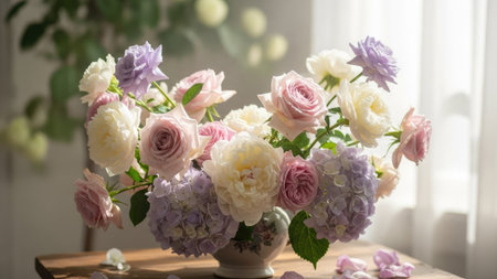 A vibrant floral arrangement presents roses and hydrangeas in a ceramic vase. The composition showcases a variety of colors from light pink, lavender to cream against a blurred backdrop. The image utilizes soft lighting and shallow depth of field, suitable for decorative or editorial projects.の素材
