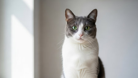 A domestic cat with grey and white fur is featured in a medium shot indoors. The animal is the primary subject, with striking green eyes. The image has a clean aesthetic with diffused natural light and a soft focus. Suitable for diverse editorial and commercial applications.の素材