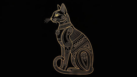 An illustration features a stylized golden cat set against a black backdrop. The artwork showcases intricate linear patterns and ornamental details, highlighting the feline's form. This digital image suggests a classic style, perfect for various creative projects, including editorial layouts, marketing materials, and decorative designs.の素材
