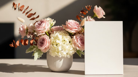 A close-up captures a bouquet of pastel roses and white flowers in a vase beside a blank rectangular card. Soft sunlight illuminates the arrangement, casting shadows. The composition suggests a serene indoor setting suitable for various commercial uses, including announcements or invitations.の素材
