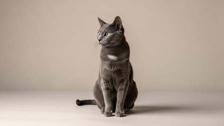 A graceful gray cat is captured in a studio setting, sitting attentively and gazing to the side. The animal's sleek fur contrasts with the neutral background. The lighting highlights the cat's form, suggesting a sense of calm and poise. This image is suitable for various commercial uses.の素材