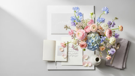 A vibrant floral arrangement featuring roses, hydrangeas, and other blossoms rests beside stationery elements. Soft lighting highlights the flowers' textures and colors, including pink, blue, and white. The composition suggests a studio setting, suitable for commercial projects needing a touch of elegance. This arrangement presents the perfect design for invitations, or other artistic needs.の素材