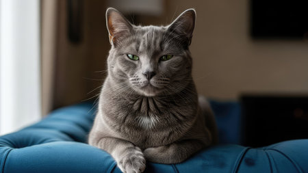 A close-up captures a gray cat resting on a blue, cushioned surface. The feline presents a focused gaze against a soft background. The image exhibits a high-quality composition with natural lighting, suitable for various uses. It could serve as stock imagery.の素材