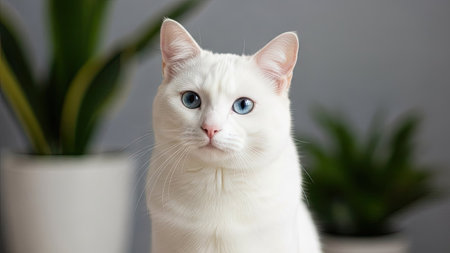 A striking white cat with bright blue eyes is the focal point of the image. The cat is positioned in front of green plants in white pots. The composition is well-lit, with a soft background. This image could be used for various commercial projects related to pets or domestic animals.の素材