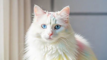 A close-up view displays a fluffy white cat with striking blue eyes. The cat is bathed in soft, natural light, highlighting its fur texture. The composition features a neutral background, possibly indoors. This image may be suitable for a variety of editorial or commercial purposes.の素材