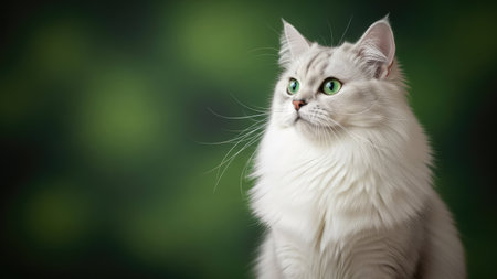 A graceful white cat is the main subject, its fur a cloud of softness. The animal's striking green eyes provide a focal point, the image set against a blurred green background, implying a natural setting. The composition suggests potential use in advertising, editorial content, and various design applications, including pet-related themes.の素材
