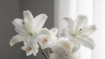 This image presents a cluster of white lilies and peonies, showcasing their delicate petals. The composition features soft lighting and a blurred background, accentuating the floral arrangement. The colors are predominantly white and gray, suggesting a serene atmosphere. Suitable for various uses, this image could be utilized for editorial or commercial applications.の素材