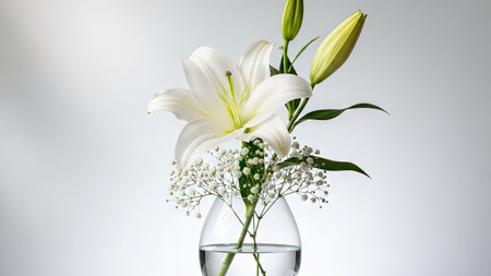 A close-up view displays a white lily arrangement in a transparent glass vase. The composition showcases delicate white petals, green leaves, and buds, set against a soft, gradient background. The lighting is diffused, emphasizing the textures and forms, suitable for various design and decorative applications.の素材