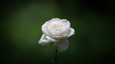 A close-up captures a pristine white rose in full bloom. The flower's delicate petals are rendered with soft lighting, and subtle textures. The background is a gradient of deep greens, providing a natural backdrop. Suitable for artistic applications and various commercial uses.の素材