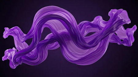 An image showcases flowing purple fabric against a dark backdrop. The fabric's delicate texture and graceful movement are highlighted by the lighting. The composition suggests an indoor studio setting with potential use in design, fashion, or abstract concepts. This versatile visual suits various commercial and editorial applications.の素材