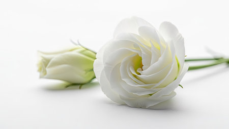 Two white lisianthus flowers are presented against a simple white background in this studio shot. The flowers display a soft, delicate texture with various shades of white. The composition is clean, with diffused lighting emphasizing the bloom's details. Suitable for commercial projects, this image could be used for beauty, floral, or design purposes.の素材