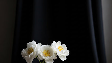 Three delicate white peony blossoms are presented against a deep black curtain backdrop. The image utilizes soft lighting, creating a high-contrast visual. The composition appears minimalist, with ample negative space. It could be suitable for various commercial applications, including editorial content or advertising campaigns.の素材