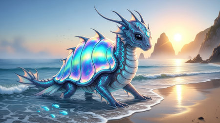 A mythical creature with a shell-like back is depicted on a sandy beach. The image showcases iridescent colors, a detailed texture, and soft lighting indicative of a sunrise. The composition hints at a natural environment near a body of water, making it suitable for editorial or illustrative applications.の素材