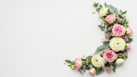 An artistic crescent arrangement features pink and white roses alongside greenery against a clean white backdrop. Soft lighting illuminates the delicate petals and leaves, creating a fresh and elegant aesthetic. Suitable for various design projects, this image conveys themes of beauty and natural elements.の素材