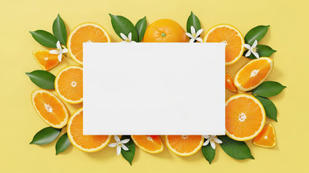 An overhead shot reveals a vibrant arrangement of halved and whole oranges, complemented by green leaves and white blossoms, set against a solid yellow background. The composition features a central blank rectangle for text or design, bathed in bright, even lighting. This image is suitable for various advertising or promotional applications.の素材