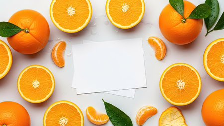 This image presents halved and whole oranges, along with green leaves, arranged around blank white cards. The composition uses bright, natural lighting, and a top-down perspective, creating a clean aesthetic. Suitable for food-related projects, recipes, healthy lifestyle concepts, and design templates.の素材
