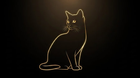 An outline of a cat is depicted with a glowing effect against a dark background. The artwork utilizes a limited color palette with the main element in warm tones. The composition is simple, suggesting a modern style, which makes it suitable for various creative applications.の素材