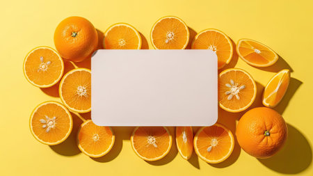 Bright orange citrus fruit, both whole and sliced, are arranged around a blank, rectangular card against a vivid yellow backdrop. The overhead composition showcases the fruit's texture and color, creating a visually appealing arrangement. Suitable for use in various commercial contexts, including advertising and editorial content, this image highlights the fruit's freshness.の素材