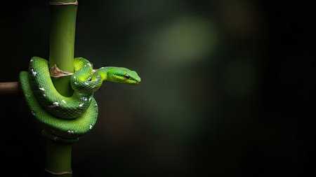 A vibrant green snake is wrapped around a bamboo stalk, showcasing detailed scales and a focused gaze. The image features a shallow depth of field, highlighting the reptile against a dark, blurred backdrop. This composition suggests a natural environment suitable for various commercial or editorial applications.の素材