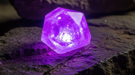 A radiant purple crystal is featured prominently against a textured dark stone background. The gem sparkles, showcasing internal illumination. The composition suggests an outdoor environment. This image is potentially useful for fantasy themes, conceptual illustrations, and abstract designs.の素材