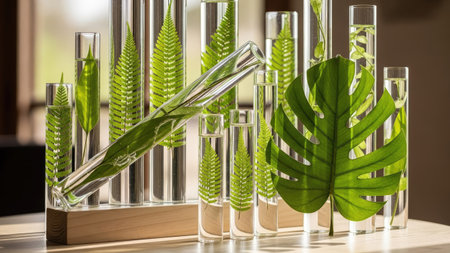 This image features a collection of glass cylinders holding green leaves, arranged on a wooden base. The composition exhibits a modern aesthetic with clear glass, natural green foliage, and warm lighting. Suitable for various applications, it can be used for design projects and commercial purposes.の素材