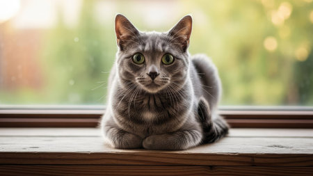 A gray cat is seen resting on a wooden windowsill, its fur a soft, inviting texture. The image features a shallow depth of field, with a blurred green background, possibly suggesting a garden or outdoor environment. This composition is suitable for various applications, including advertising and editorial use.の素材