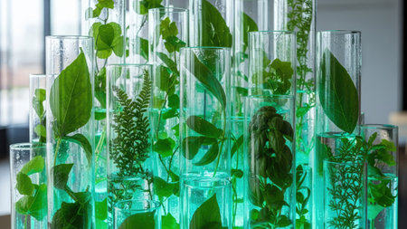 An assortment of green foliage is displayed inside transparent glass tubes, showcasing a vibrant display. The leaves and stems are arranged with a subtle, yet structured style. The shot, utilizing diffused lighting, appears to be set in an interior space. The image may be suitable for a variety of editorial or commercial applications.の素材
