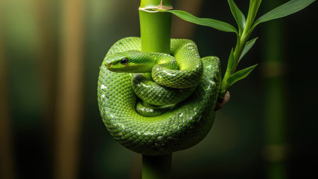 A vibrant green snake is curled around a bamboo stalk, showcasing textured skin and a detailed appearance. The image presents a soft focus background, highlighting the snake and bamboo with warm lighting. This image could be used for various projects including educational content, environmental themes, or design concepts.の素材