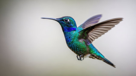 A hummingbird is captured mid-flight, showcasing vibrant blue and green iridescent feathers. The bird's wings are spread, suggesting motion against a blurred, neutral background. The image has a high level of detail. Suitable for nature-themed projects, educational materials, and design assets.の素材