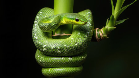 A vibrant green snake is wrapped around a bamboo stalk, showcasing textured scales and a bright appearance. The image features a dark backdrop which draws attention to the snake. Suitable for diverse applications, this image can be used for editorial and commercial purposes.の素材