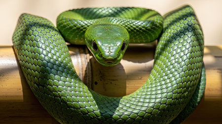 A green snake is coiled, displaying its scales and patterns. The image showcases the snake against a natural background. The lighting is bright, highlighting the color and texture. Suitable for various editorial and commercial applications. The composition emphasizes the subject.の素材