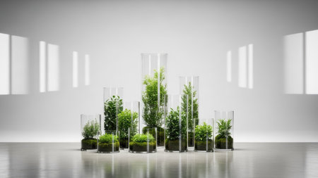 Various green plants are displayed within clear glass containers, arranged on a reflective surface. The image showcases a bright, neutral environment with a minimalist style. The plants are the main focus, suggesting themes of growth and nature. The composition and lighting are suitable for commercial or editorial applications.の素材
