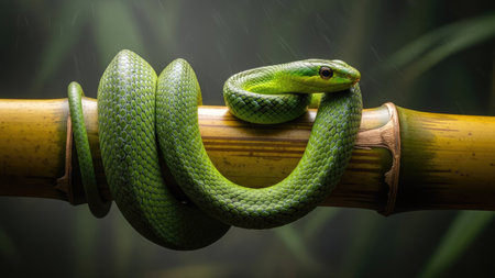 A vibrant green snake is coiled around a textured bamboo branch, presented in a close-up composition. The image showcases the reptile's form and color, possibly in a studio setting. This visual may be used for educational, illustrative, or commercial applications.の素材