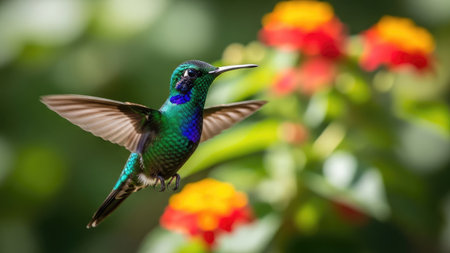 A vibrant hummingbird is captured mid-flight, showcasing brilliant iridescent blue and green plumage. The bird hovers near a cluster of bright orange and red flowers. The composition features a shallow depth of field, with a soft, blurred background. The image is suitable for various commercial uses related to nature and wildlife.の素材